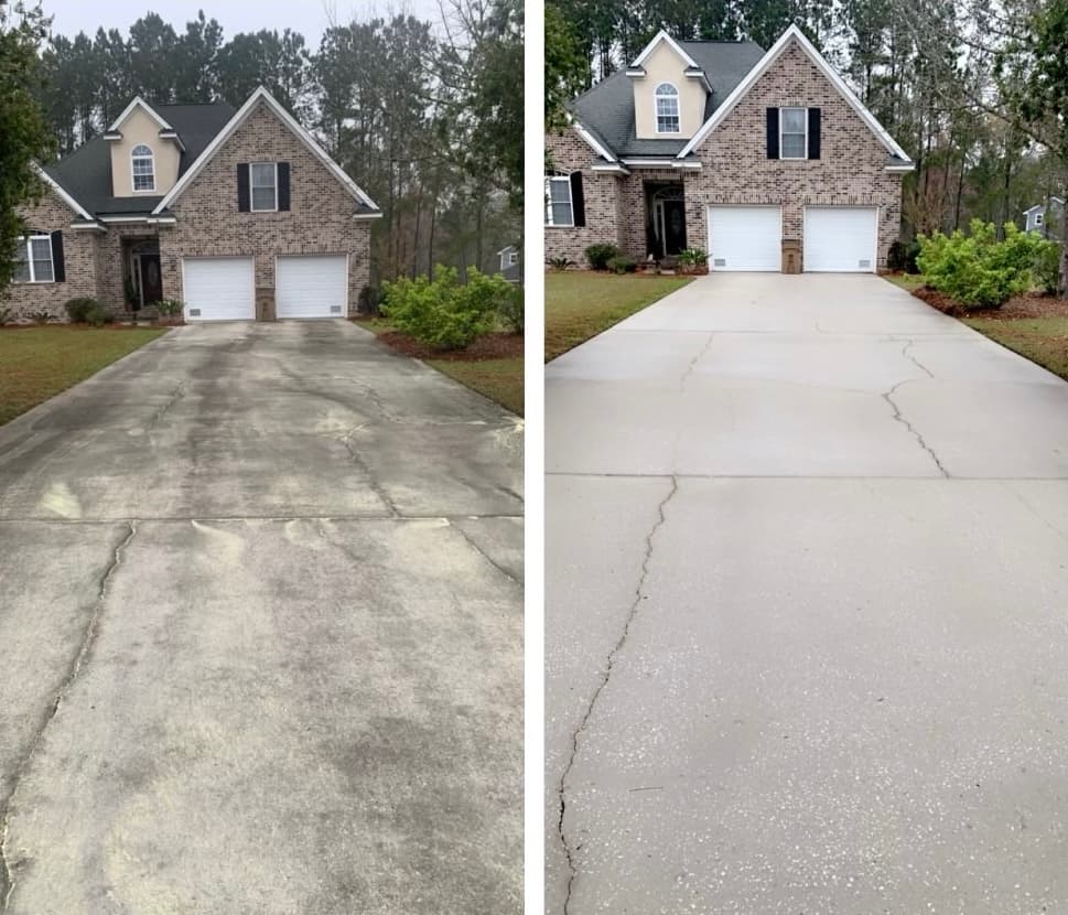 Before and after driveway pressure washing — dirty stained concrete driveway cleaned by Dirt Whack in Old Jamestown MO