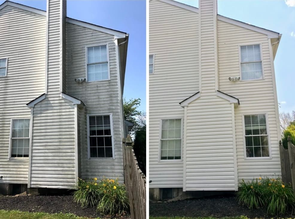 Before and after house soft washing by Dirt Whack in Old Jamestown MO