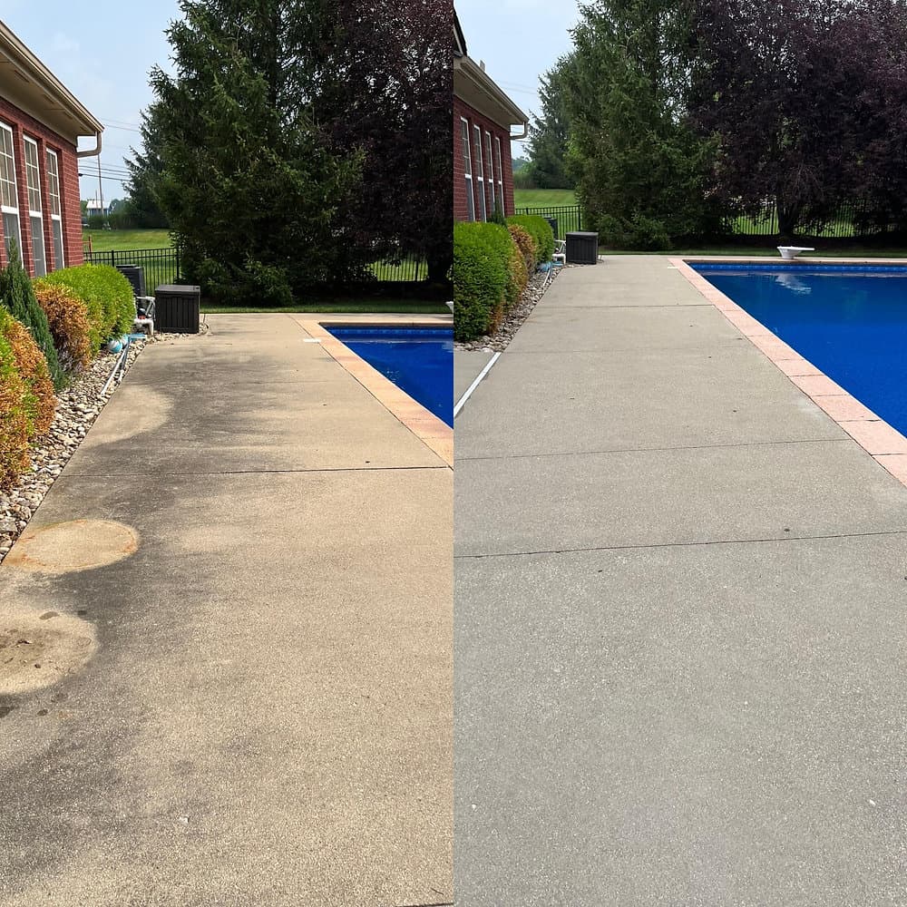 Before and after pool deck pressure washing by Dirt Whack in Old Jamestown MO