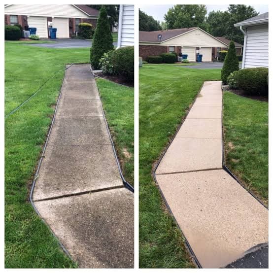 Before and after sidewalk pressure washing by Dirt Whack in Old Jamestown MO